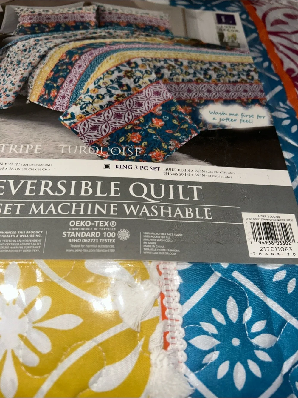 Lush King Turquoise Multi Boho Stripe Reversible Quilt Set